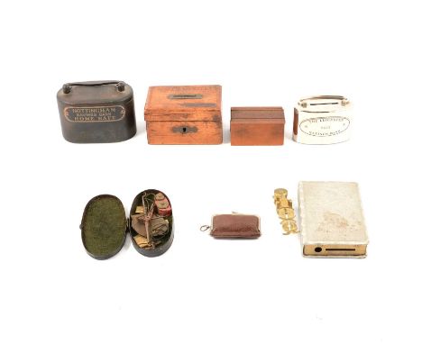 A set of brass sovereign scales, cased; a leather purse sovereign holder; a set of brass apothecary scales, with weights in d