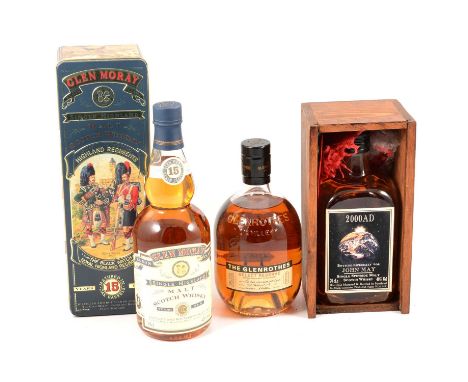 Three bottles of single malt whisky: Glen Moray 15 year old, single Highland malt Scotch whisky, 70cl, 40% vol, in a Highland