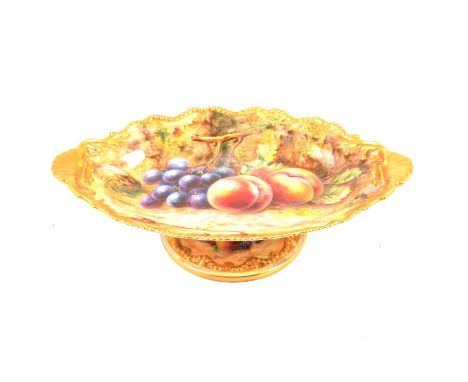 A Royal Worcester fruit painted footed dish, signed by T. Lockyer, cracked and previously restored, length 31cm.Condition rep