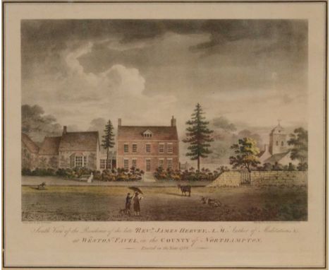 After William Fowler, South View of the Residence of Rev James Hervey ... of Weston Favell, hand coloured print originally pu