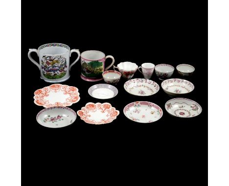 Collection of English tea bowls, cups and saucers, in the manner of Newhall, a 19th century 'Trust in God' Loving Cup, and a 