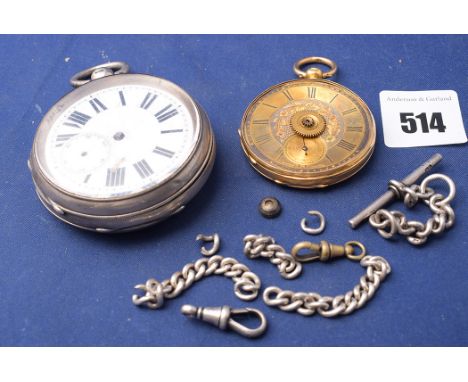 An 18ct. gold cased fob watch, with gilt roman dial, engine turned case; together with a silver cased open faced pocket watch