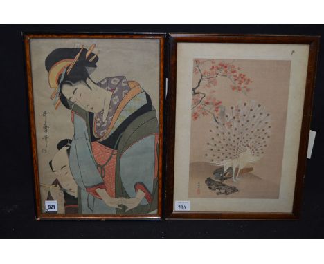 A 19th Century Japanese School woodblock print depicting Geisha and scribe, by Utamaro signed; together with a later Japanese