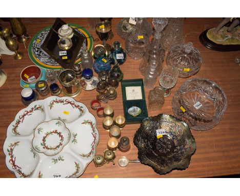 Four 20th Century decanters; a claret jug with plated mounts; carnival glass dish; two Mdina paper weights; plated goblets; p