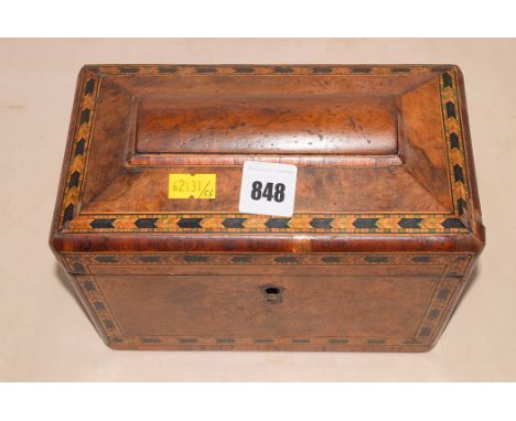 A Victorian burnn walnut Tunbridge ware sarcophagus-shaped tea caddy.