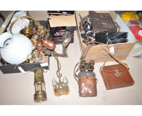 A collection of modern brass copper and other metalware, including: a foxhead pattern doorstop; a miner's lamp by Thomas & Wi
