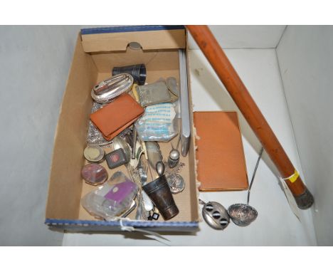 A wooden walking cane with metal top; together with a box of miscellaneous items, to include: silver spoons; pill boxes; stam