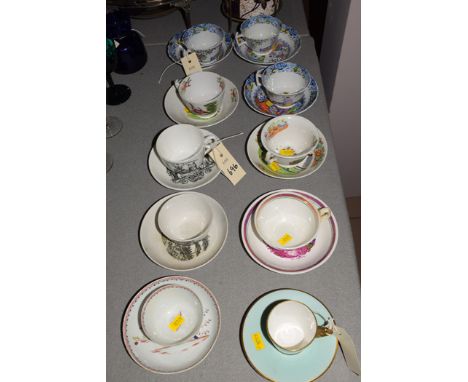 19th Century specimen cups and saucers, to include: three chinoiserie with blue borders; Independent Order of Odd Fellows; bl