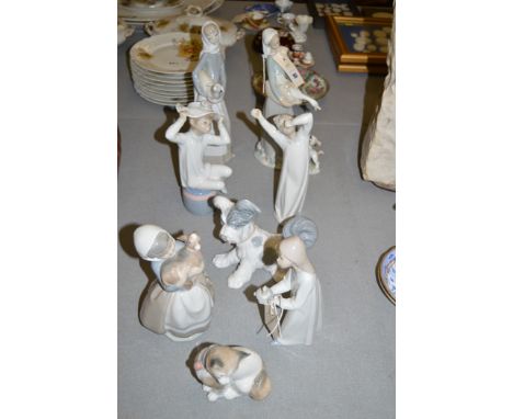 Lladro figures, to include; girl with lamb; girl with goose; yawning child; seated child with hat; a dog; and Nao figures, to
