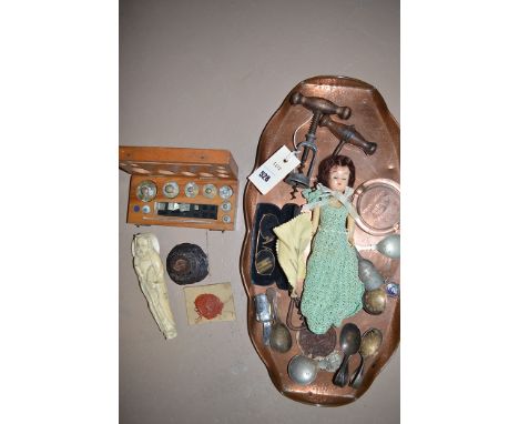 A collection of miscellaneous items, to include: a spot hammer copper tray; a doll; a pair of spectacles; a set of brass phar