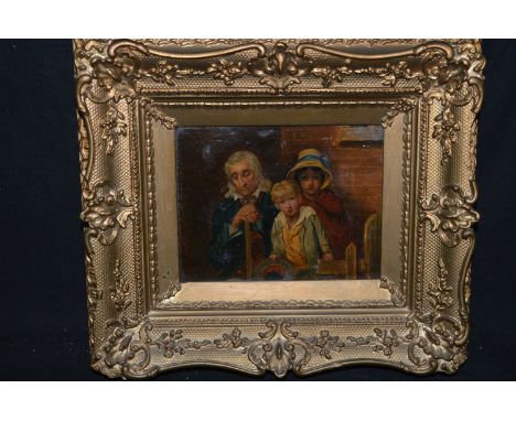A hand-coloured print - a father with children, in ornate gold coloured frame.