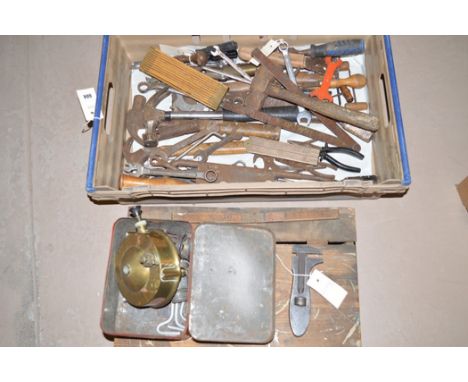 A quantity of hand tools, to include: hammers; spanners; and a wooden box.