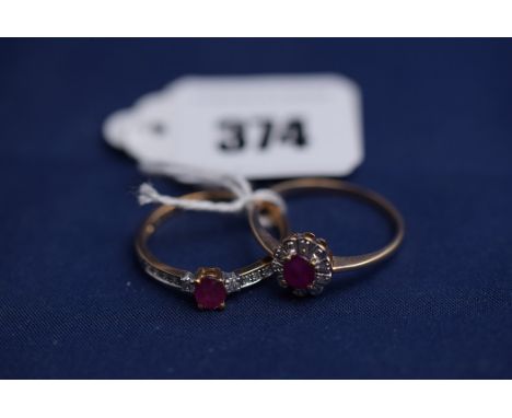 Two ruby and diamond rings, one cluster, the other with diamond shoulders, both on 9ct. yellow gold shanks, ring sizes R/S.