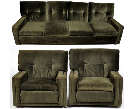 A mid 20th Century button back three-piece suite, comprising: four-seater sofa and two armchairs upholstered in olive green p