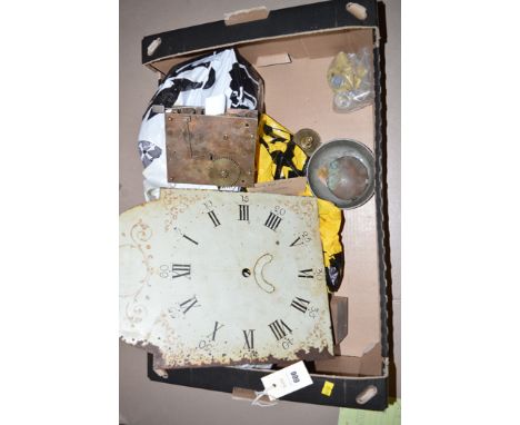 Clock parts, ets., to include: a 19th Century enamel dial; movements; Edwardian mahogany cased mantel clock; Antique and late