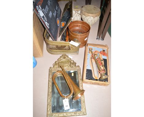 A copper and brass bugles; a brass bugle; a xylophone; a wall mirror in brass frame; brass firecurb; an umbrella; hand drums;