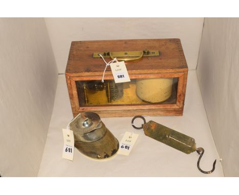 A brass barograph in mahogany case; Salters No.2 scales; and a horse hoof inkwell with plated mounts.  (3)