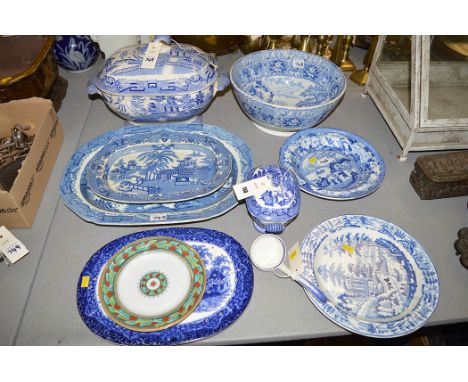 19th Century blue and white ceramics, to include; one large and one small tureen; ladle; large bowl; two meat plates; two dis