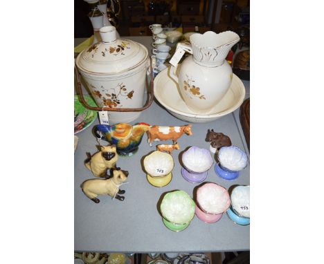 Maling Harlequin lustre sundae dishes; a Tony Wood teapot in the form of a chicken; late 19th Century wash jug and bowl set w