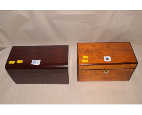 A Victorian birdseye maple and rosewood edged tea caddy; and a Victorian stained wood tea caddy.  (2)