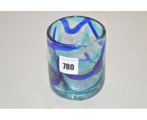 A Sunderland style glass tumbler, with light and dark blue decoration, 9cms (3 1/2in.) high.