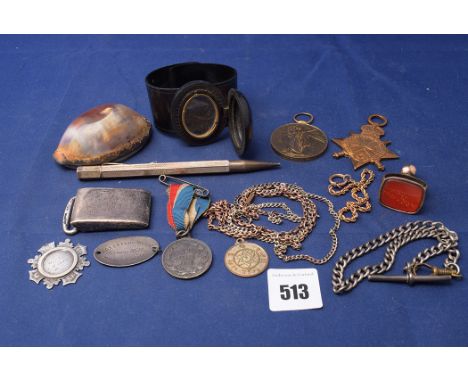 Small items, to include: medallions; a fob on chain; a 19th Century snuff box of shell and white metal mount, bearing Newcast