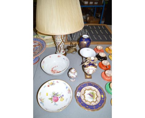 A pair of Cauldon plates decorated with exotic birds and gilding, signed by Webster; a Wilton ware waisted vase; a Wedgwood c