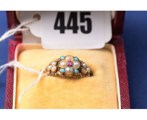 A ruby, turquoise and seed pearl ring, c.1830, of floral design, ring size L (no hallmarks).
