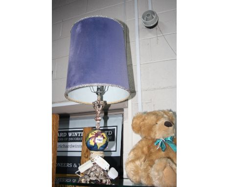 A MOORCROFT POTTERY AND COMPOSITE TABLE LAMP, Hibiscus pattern, with shade (no distinct marks)