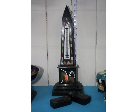 A POLISHED BLACK AND SPECIMEN MARBLE INLAID THERMOMETER STAND, and two lacquered snuff boxes (3)