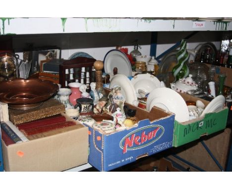 EIGHT BOXES OF CERAMICS, GLASS, SUNDRIES, to include 'British Airways' bag, telephone, Anniversary clock, books, metalware et