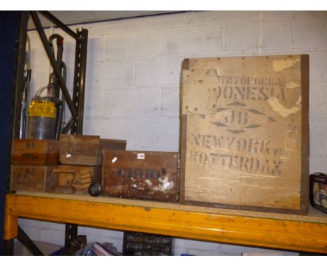 A TEA CHEST, five smaller wooden crates and four various tools (10)