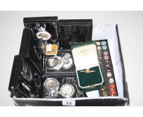A SMALL BOX OF MISCELLANEOUS, to include pocket watch, cufflinks, 9ct Staffordshire Knot tie pin etc