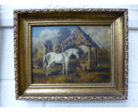 J.J. WILLIAMS, oil on panel, depicting horse in country farmyard before cottage and hay stacks with chickens to foreground, s