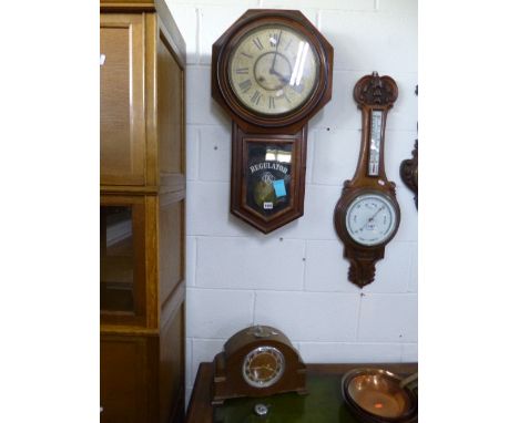 A 19TH CENTURY MAHOGANY CASED WALL CLOCK, dial marked T Pear, Stafford and an oak cased mantle clock (two keys and two pendul
