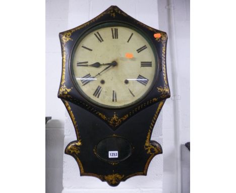 A 19TH CENTURY BLACK LACQUERED WALL CLOCK, with gilt detail, modern wall clock and two table lamps (no shades) (pendulum) (4)