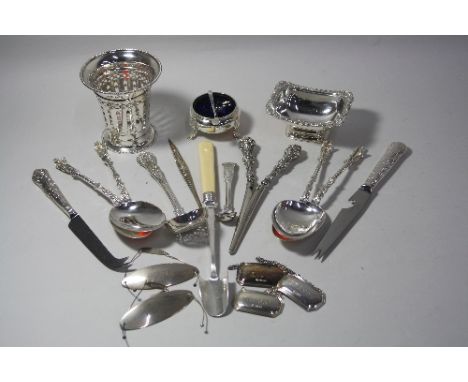 SILVER AND SILVER PLATE, comprising silver handled cutlery, silver brandy and whiskey decanter labels, Birmingham 1983, pierc