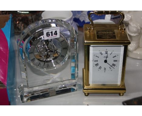 A TIPPERARY CRYSTAL CLOCK, etched horse/jockey, together with a carriage clock with Racing Post Handicap Steeple Chase plaque