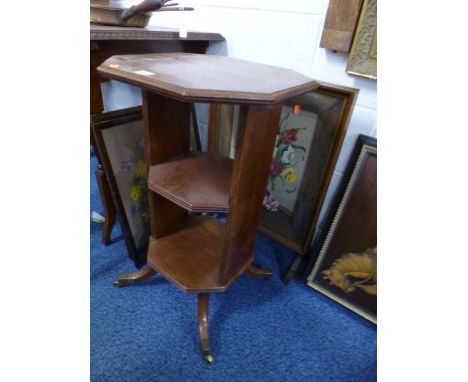 A WALNUT THREE TIER OCCASIONAL TABLE, firescreen and two pictures (4)