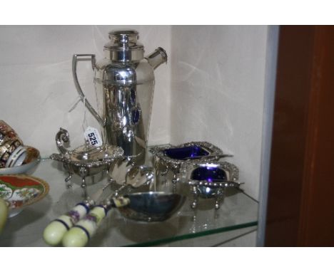 A SMALL PARCEL OF PLATED ITEMS, to include three piece cruet set, salad servers, ladle etc