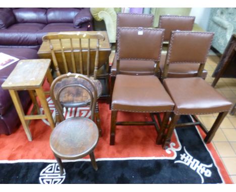 FOUR DINING CHAIRS, oak tea trolley, spindle back chair, bentwood chair and a stool (8)