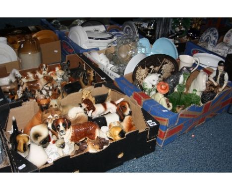 FOUR BOXES OF CERAMICS, GLASS, etc, to include a collection of ceramic dogs, glass dressing table set, Poole part dinnerwares