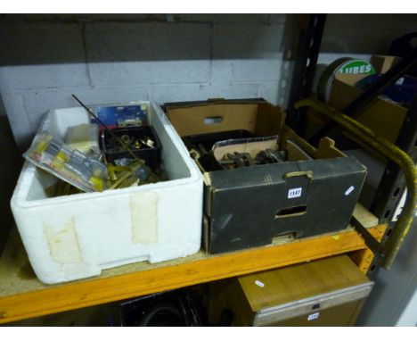 TWO BOXES CONTAINING ENGINEERS HAND TOOLS, hardware and a separate bow saw