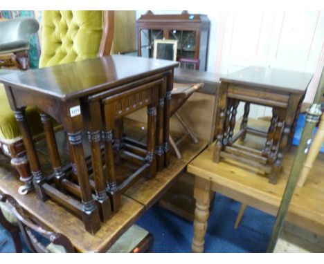 AN OAK NEST OF THREE TABLES, another oak nest and a folding stool (3)