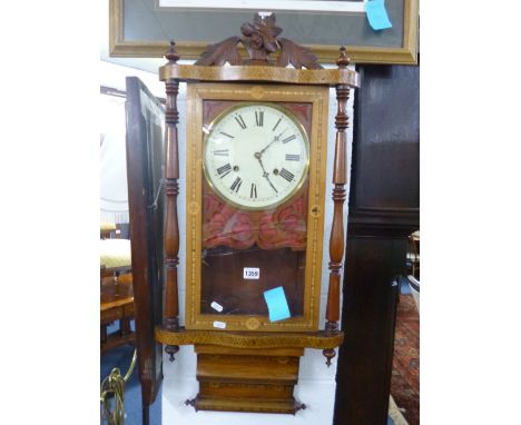 A 19TH CENTURY WALNUT INLAID WALL CLOCK (glass broken) (key and pendulum)