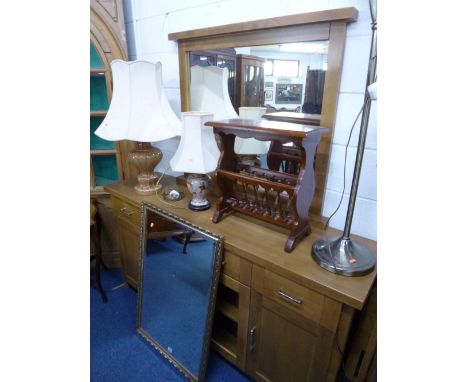 A GILT FRAMED WALL MIRROR, Edwardian occasional table, mahogany rack, two table lamps with shades and a standard lamp (6)