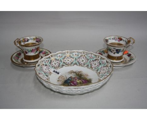 A MEISSEN DECORATIVE DISH, with pierced floral border to central cartouche depicting courting couple, blue cross sword to bas