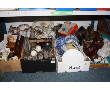 SEVEN BOXES AND LOOSE CERAMICS, GLASS, MIRRORS, LAMP BASES, DIECAST CARS, CUTLERY, etc