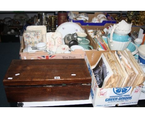 A WRITING SLOPE, box of Automobile magazines and a box of ceramics, pewter etc