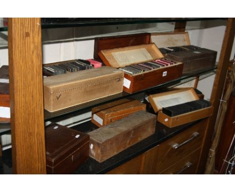 A QUANTITY OF MAGIC LANTERN SLIDES, comical, topographical, religious etc, together with boxed plain plates